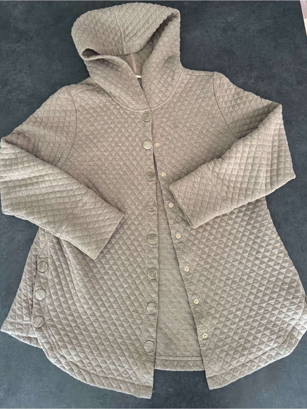 Soft Surroundings Quilted Hooded Jacket Taupe Gray Snap Front Size L